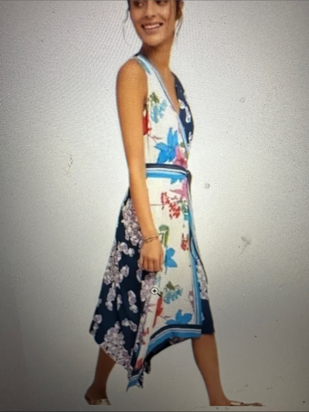 Mauve by Anthropologie Botanica, patchwork, blue white, midi wrapped dress